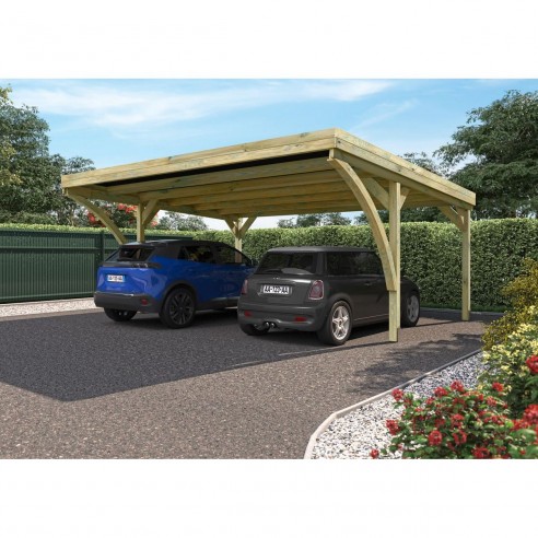 Carport double VICTOR traité autoclave teinté marron de 30.9 m²