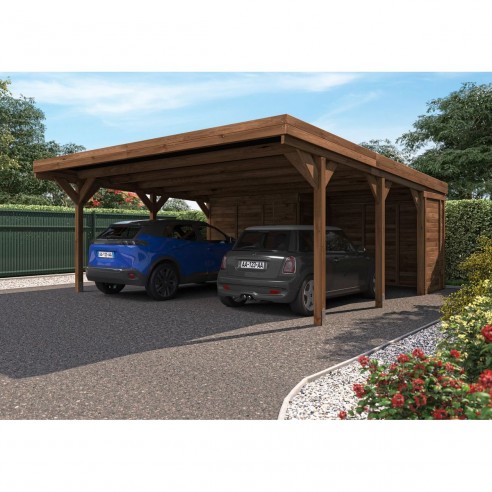 Carport double LEON traité autoclave teinté marron de 31.7+3.6 m²