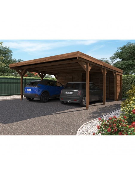 Carport double LEON traité autoclave teinté marron de 31.7+3.6 m²