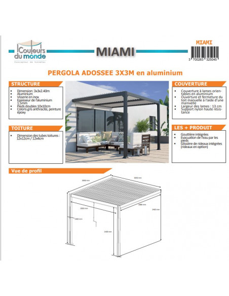 Achat COULEURS DU MONDE - Pergola adossée bioclimatique MIAMI 3x3 m en aluminium