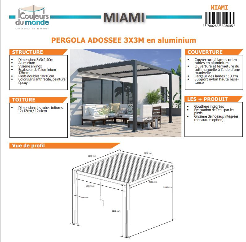 COULEURS DU MONDE Pergola adossée bioclimatique MIAMI 3x3 m en aluminium.