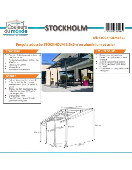 Achat Pergola adossée STOCKHOLM 3.5 x 6 m - Polycarbonate, acier, aluminium - Couleurs du monde