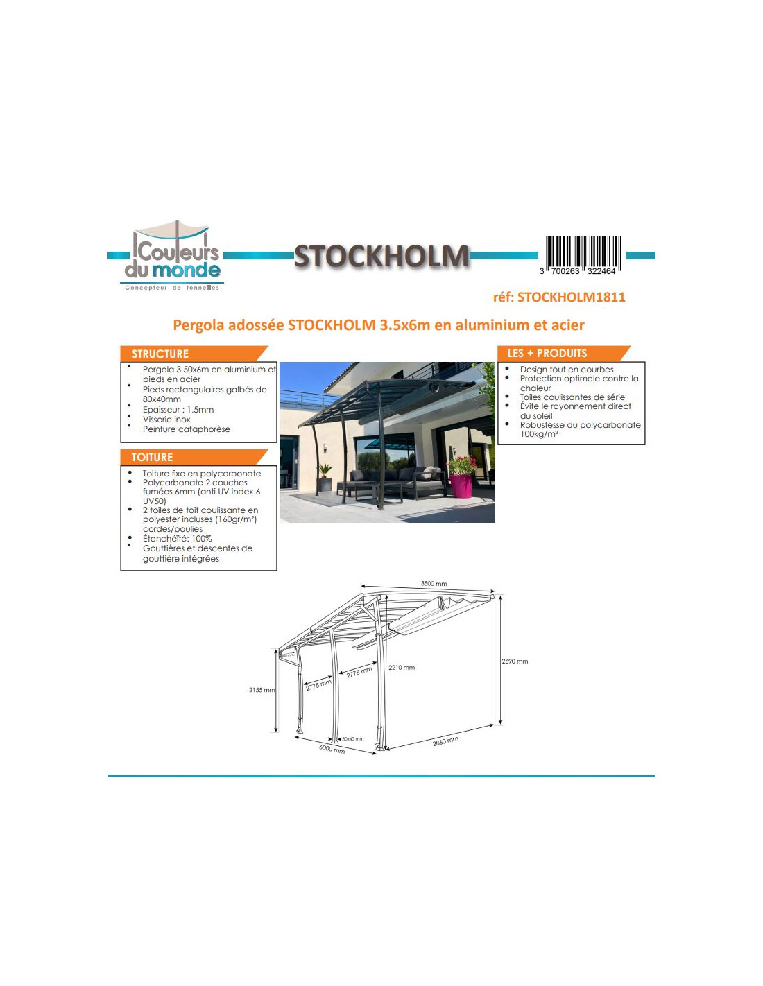 Pergola adossée Stockholm aluminium/acier et polycarbonate 3,50x6m -  COULEURS DU MONDE - Mr.Bricolage
