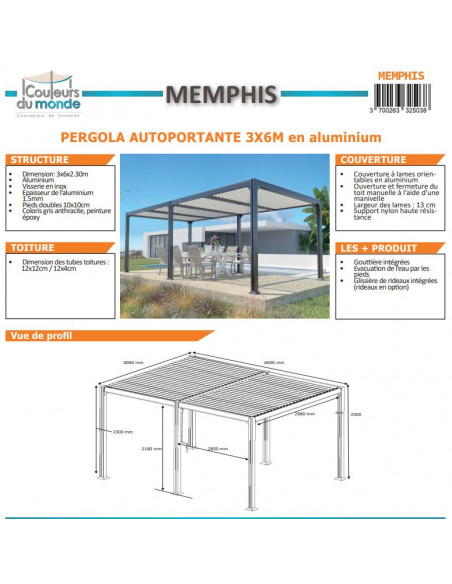 Achat COULEURS DU MONDE - Pergola autoportante bioclimatique MEMPHIS - 3 x 6 mètres