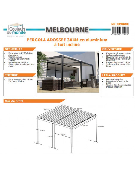 Pergola adossée MELBOURNE 3 x 4 m - Aluminium