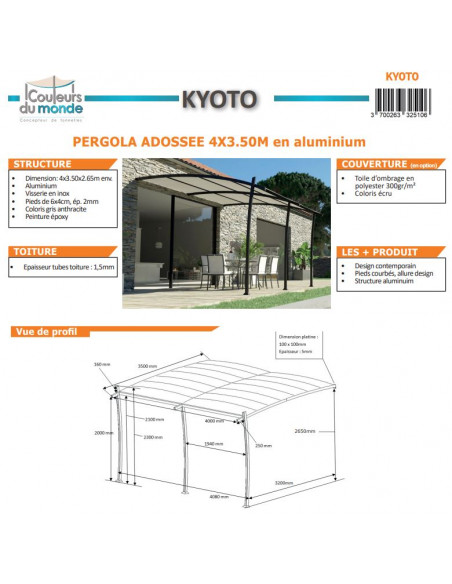 Achat COULEURS DU MONDE - Pergola adossée KYOTO - 3,5 x 4 m - Aluminium - Structure seule