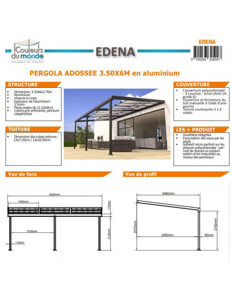 Achat COULEURS DU MONDE - Pergola adossée EDENA 3.5 x 6 m - Polycarbonate, aluminium
