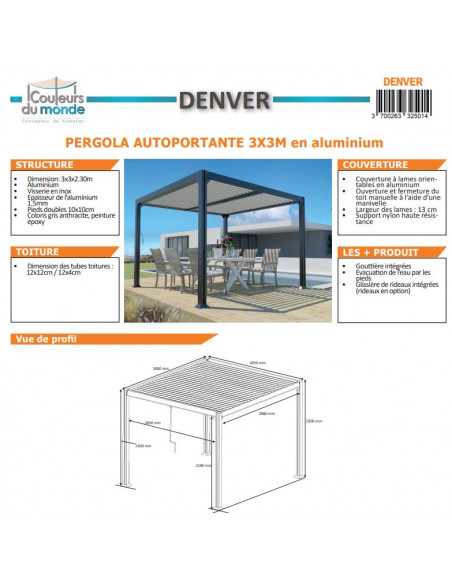 Achat Pergolas bioclimatique autoportante DENVER 3 x 3 m - Couleurs du monde