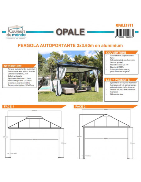 Pergola OPALE autoportante Anthracite 3 x 3.60 m