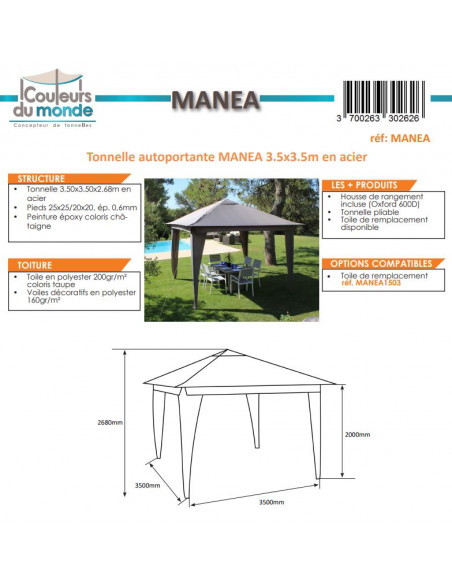 Achat COULEURS DU MONDE - Tonnelle MANEA pliable en acier 3.5 x 3.5 m