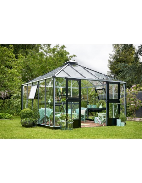 Serre de jardin Oase anthracite 8.8 m² en verre trempé sécurit