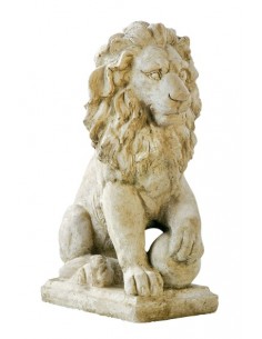 Statue lion sur boule H.44 cm patiné vieilli