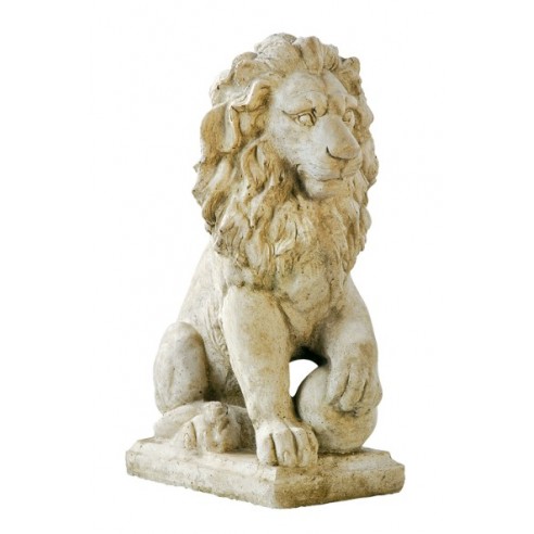 Statue lion sur boule H.44 cm patiné vieilli