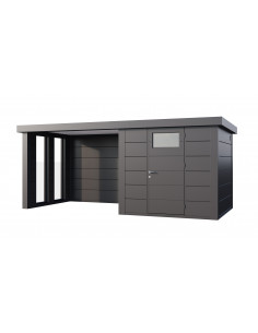 Abri de jardin Eleganto / Classico 2424 Anthracite avec Lounge small à gauche fermé  + 2 fenêtres fixes - Telluria