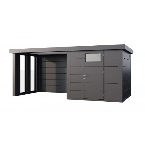 Abri de jardin Eleganto / Classico 2424 Anthracite avec Lounge small à gauche fermé  + 2 fenêtres fixes - Telluria