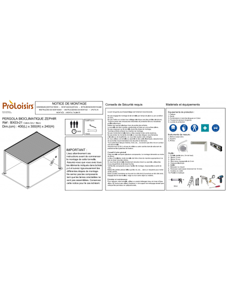 Achat Tonnelle Bioclimatique ZEPHIR 3x4M - Aluminium - Lames motorisées - Gris - PROLOISIRS