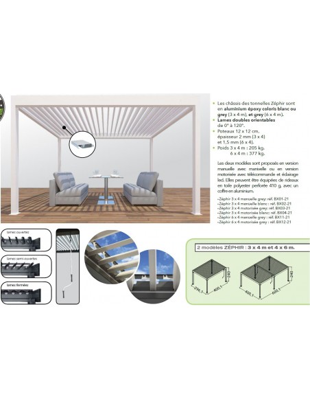 Achat Tonnelle Bioclimatique ZEPHIR 3x4M - Aluminium - Lames motorisées - Gris - PROLOISIRS