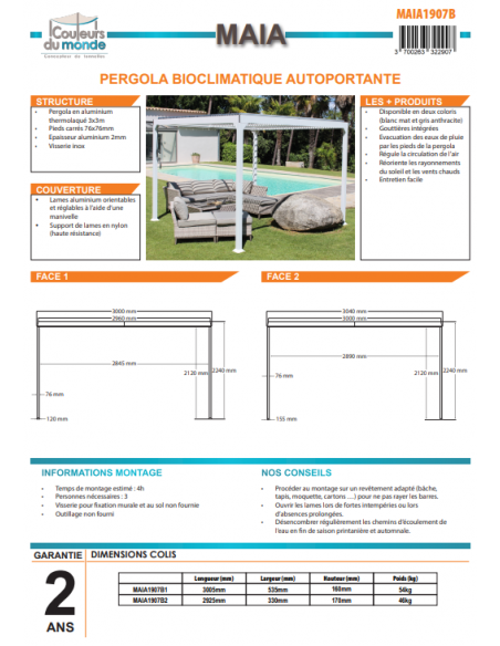 Achat COULEURS DU MONDE - Pergola MAÏA 3x3 m - Autoportante bioclimatique