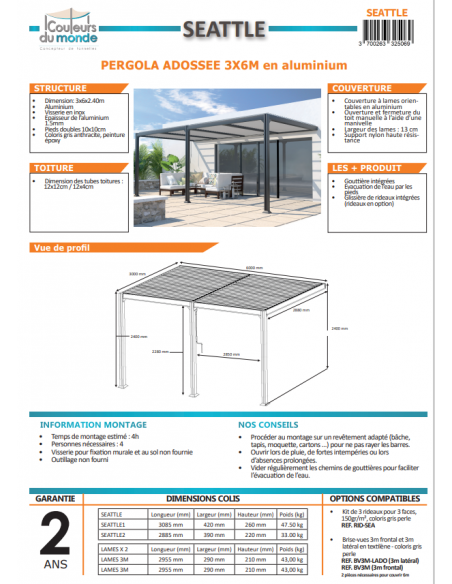 Achat COULEURS DU MONDE - Pergola adossée bioclimatique SEATTLE - 3 x 6 m - Aluminium