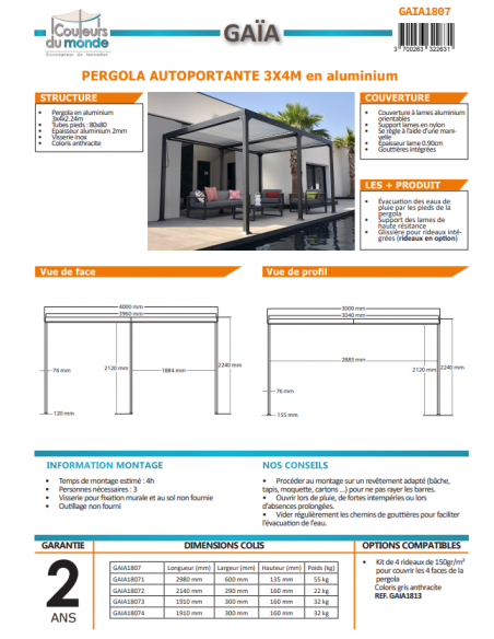 Achat COULEURS DU MONDE - Pergola bioclimatique autoportante GAÏA - 3 x 4 m