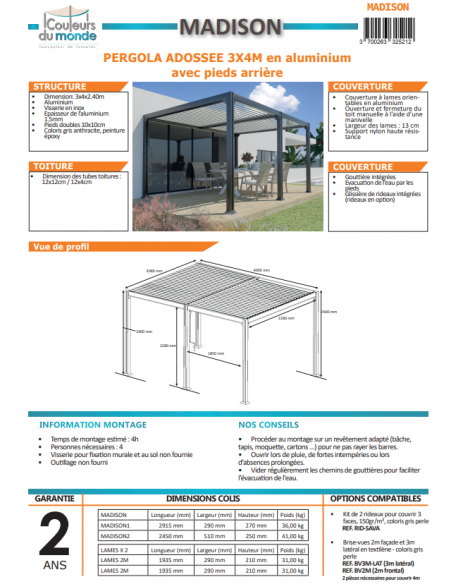 Achat COULEURS DU MONDE - Pergola bioclimatique adossée MADISON - 3 x 4 mètres - 5 pieds