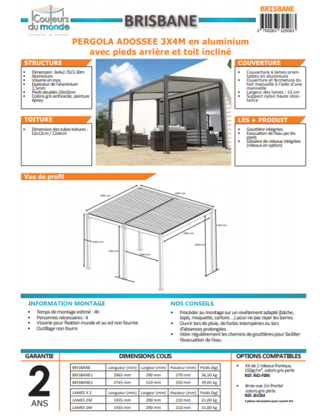 Achat COULEURS DU MONDE - Pergola adossée BRISBANE 5 pieds - 3 x 4 mètres - Toit incliné