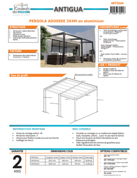 Achat COULEURS DU MONDE - Pergola adossée ANTIGUA - 3 x 4 mètres - Structure seule