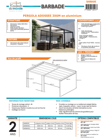 Achat COULEURS DU MONDE - Pergola adossée BARBADE - 3 x 6 mètres - Structure seule