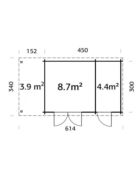 Abri de jardin Ella 13.5 m² + avancée de 4.5 m² en bois massif 28 mm
