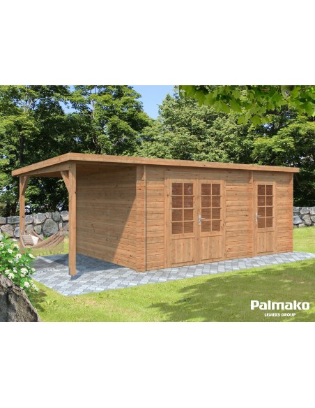 Abri de jardin Ella 13.5 m² + avancée de 4.5 m² en bois massif 28 mm