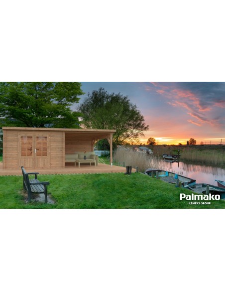 Abri de jardin Ella 9 m² + avancée de 9 m² en bois massif 28 mm