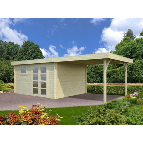 Abri de jardin Elsa 11.7 m² + Auvent 8.1 m en bois massif 28 mm