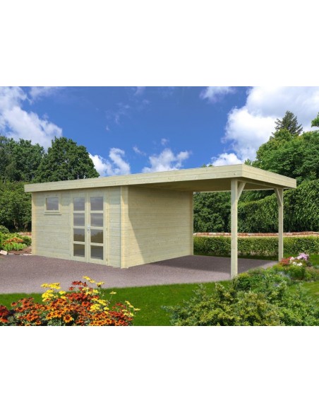 Abri de jardin Elsa 11.7 m² + Auvent 8.1 m en bois massif 28 mm