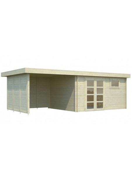 Abri de jardin Elsa 11.7 m² + Auvent 8.1 m en bois massif 28 mm