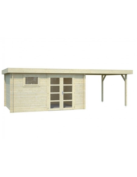 Abri de jardin Elsa 11.7 m² + Auvent 8.1 m en bois massif 28 mm