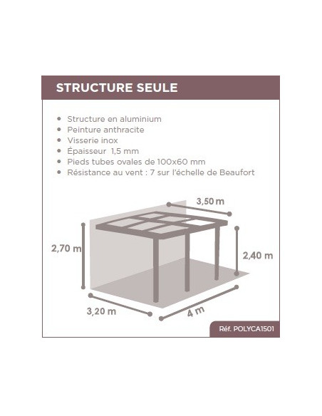 Structure de tonnelle adossée AZURA 3.2 x 4 m - Couleurs du monde