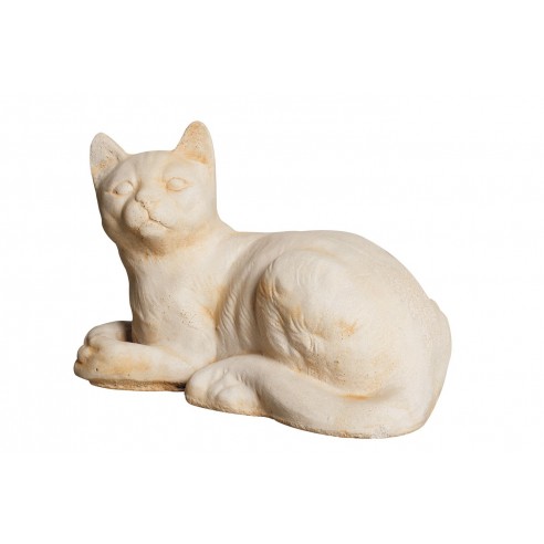 Chat tabby couché H.31 cm patiné vieilli