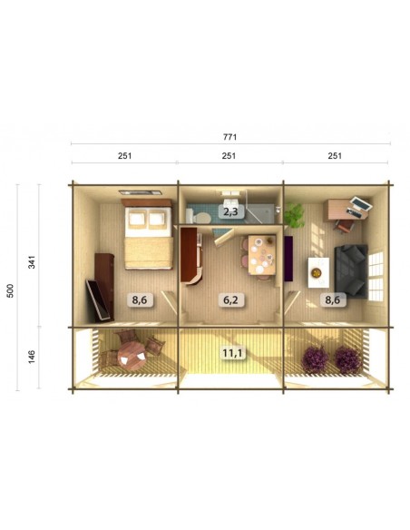 Résidence de loisirs Sandra 38.5 m² en bois massif 44 mm