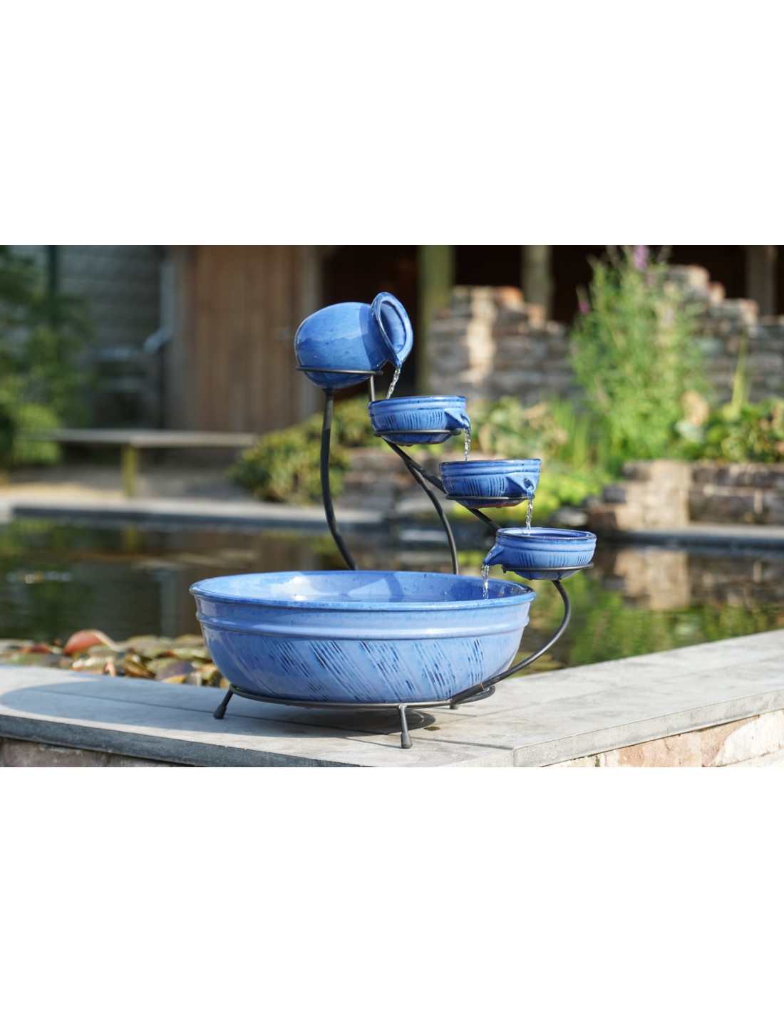 Fontaine solaire en céramique émaillée bleue 
