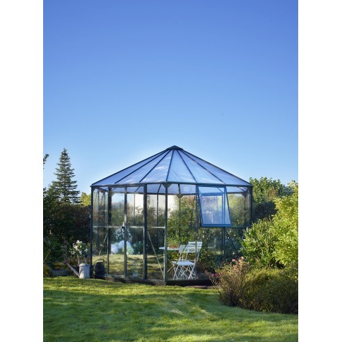 Serre véranda Atrium laquée verte 9 m² en verre trempé 3 mm