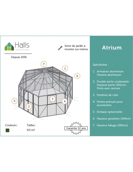 Serre véranda Atrium laquée verte 9 m² en verre trempé 3 mm