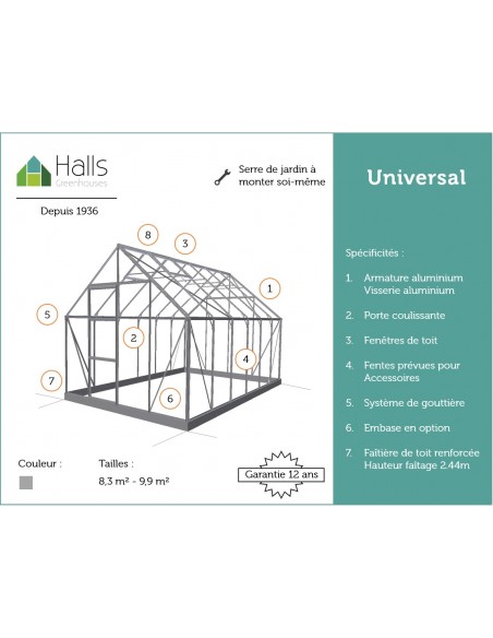 Serre de jardin Universal 9.9 m² en verre 3 mm