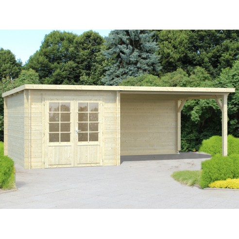 Abri de jardin Ella 7.2 m² + avancée de 10.9 m² en bois massif 28 mm