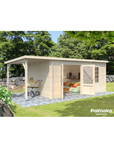 Abri de jardin Ella 13.5 m² + avancée de 4.5 m² en bois massif 28 mm