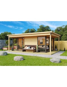 Abri de jardin Domeo 3 Plus V2 19 m² + terrasse couverte 6.75 m² en bois massif 44 mm