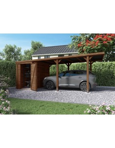 Carport LEON traité autoclave teinté marron de 15.8+4 m²