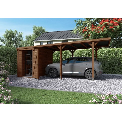 Carport LEON traité autoclave teinté marron de 15.8+4 m²