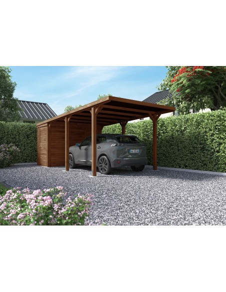 Carport LEON traité autoclave teinté marron de 15.8+4 m²