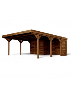 Carport double LEON traité autoclave teinté marron de 31.7+3.6 m²