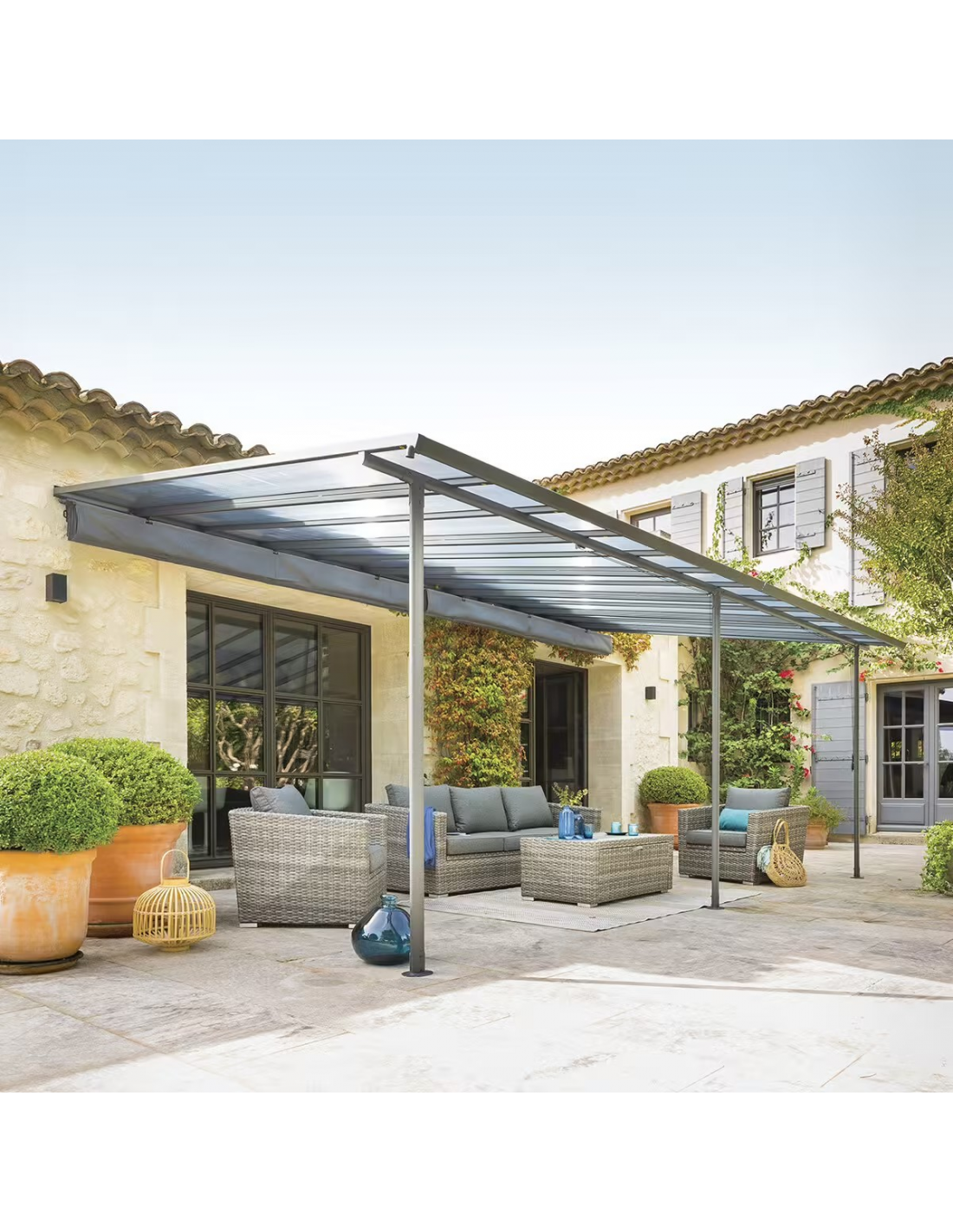 Pergola adossé Belize 4x3 m en aluminium et polycarbonate Hespéride.
